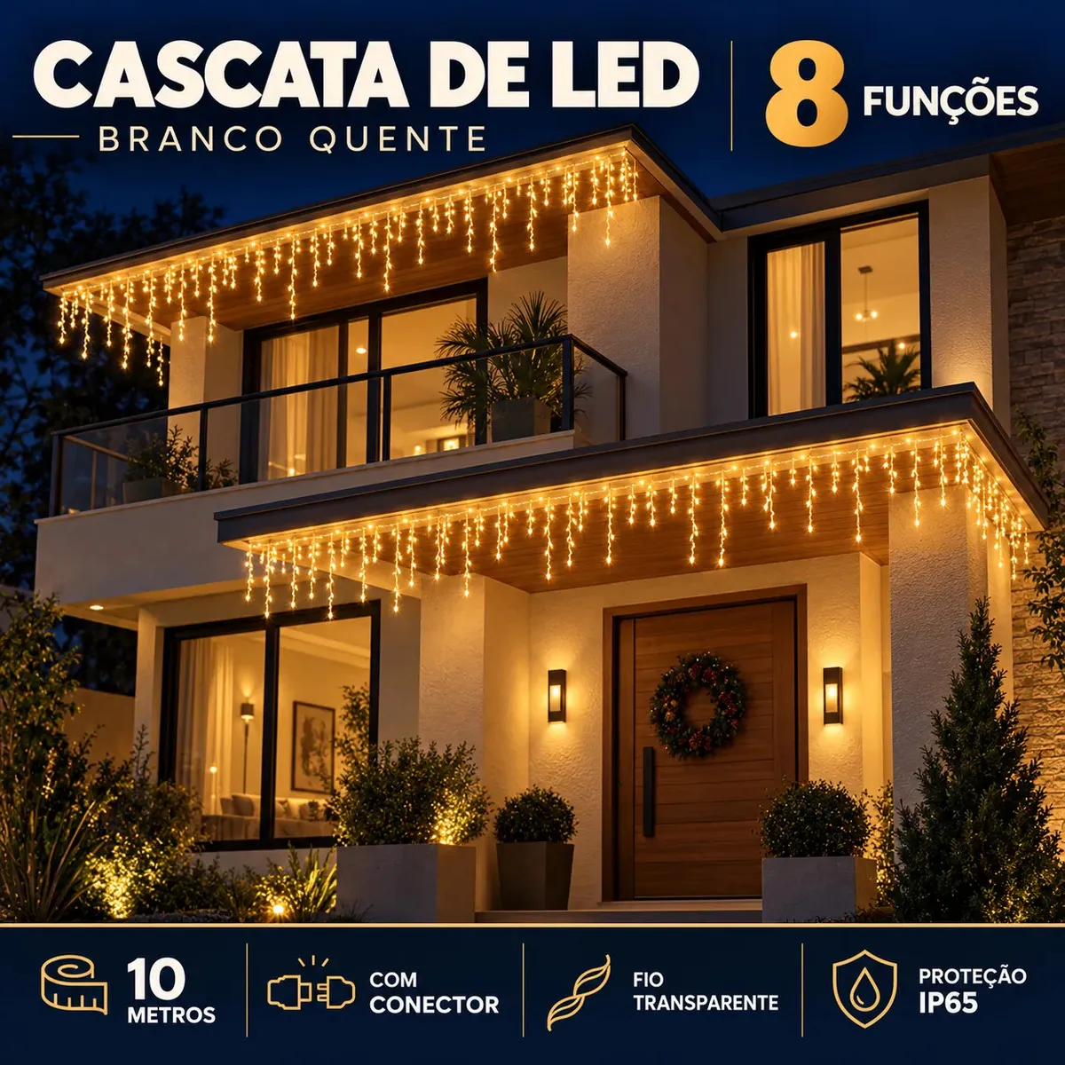 Cascata Discove de Natal — 400 LEDs, 10 m e branco quente 110 V