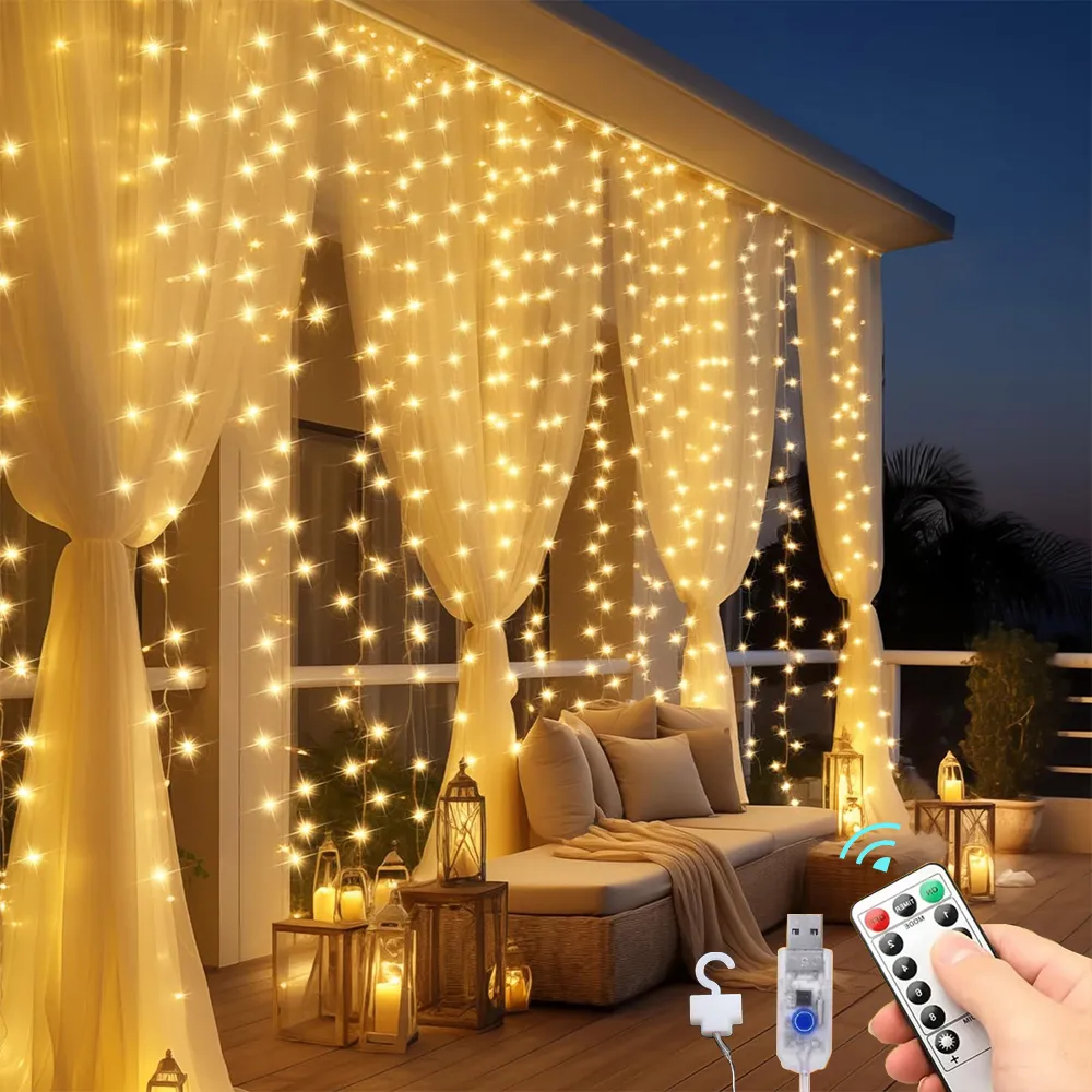 Cortina Camperluz de Natal — 300 LEDs, USB e branco quente