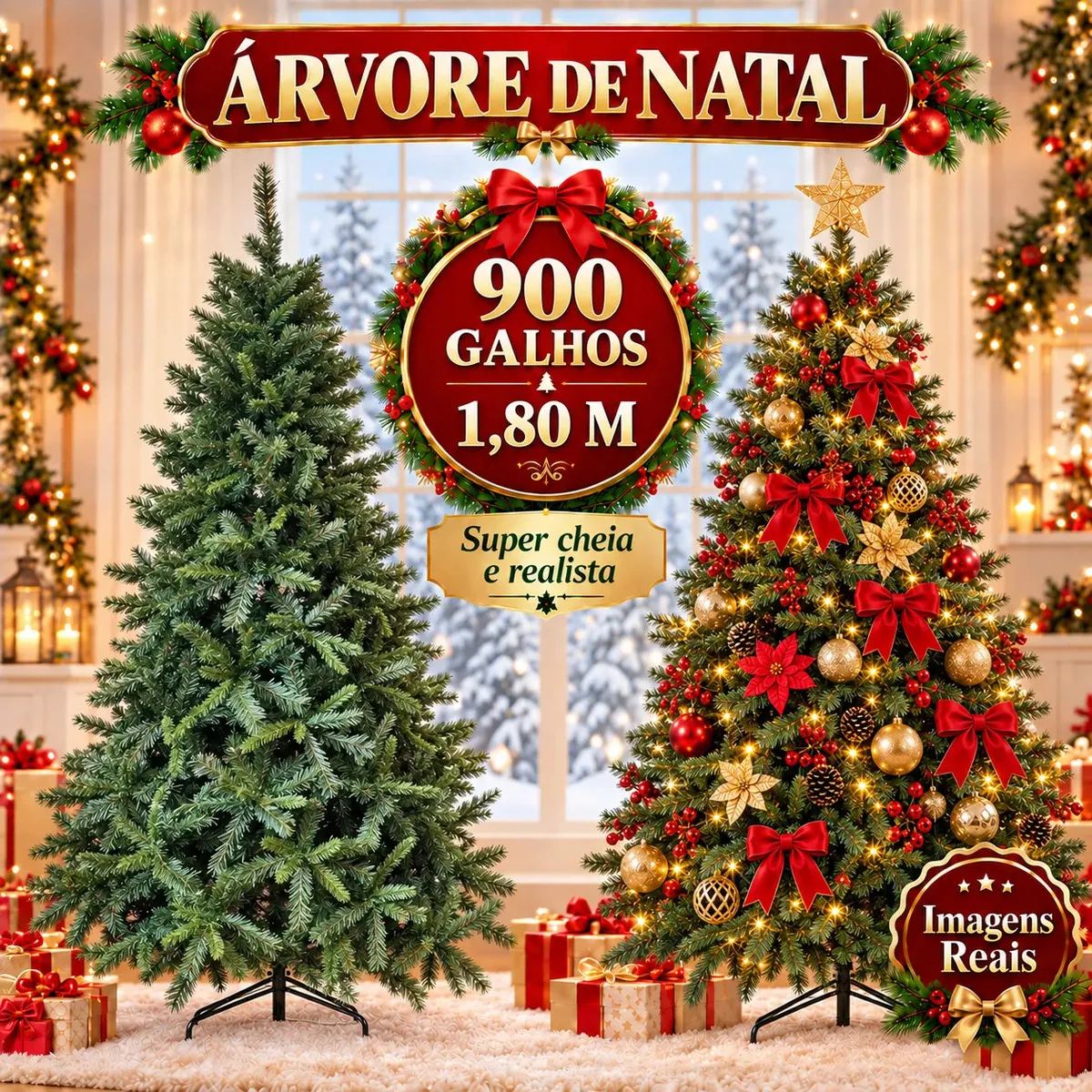 Árvore de Natal verde Luzes de Natal de 1,80 m e 900 galhos