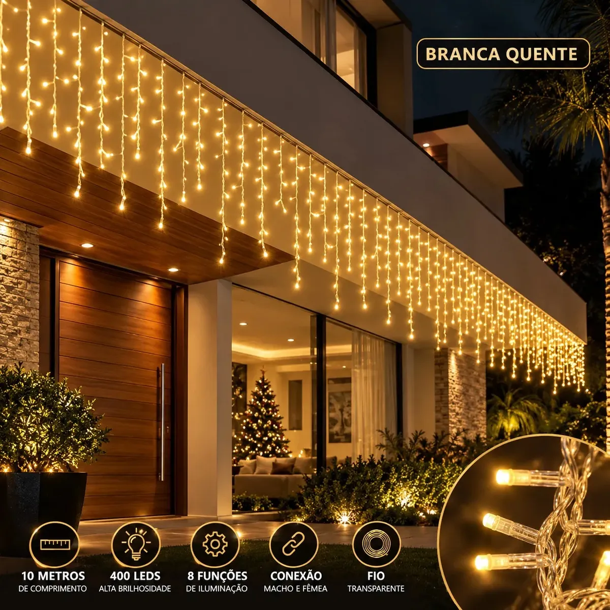 Cascata DEKASA de Natal — 400 LEDs, 10 m e branco quente 110 V