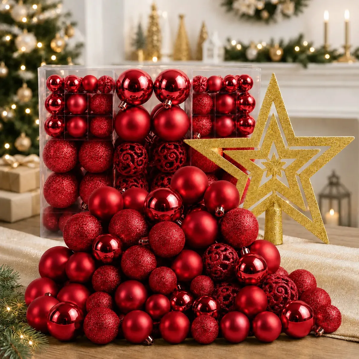 Kit DEKASA com 100 bolas de Natal e estrela — vermelho