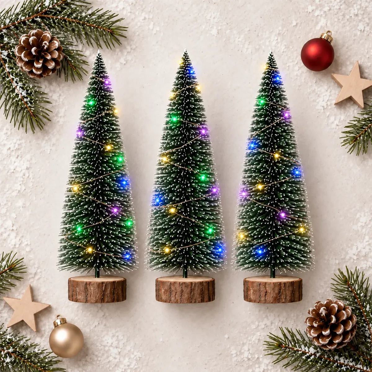 Kit Ecomlar com três miniárvores de Natal de mesa com acabamento nevado e LED