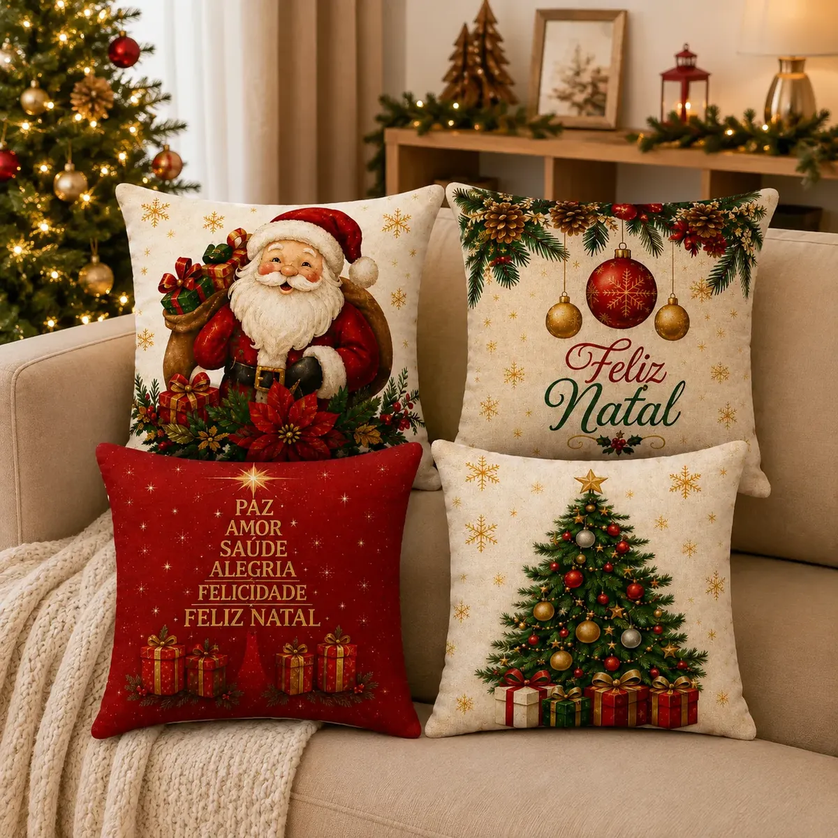 Kit com 4 capas de almofada de Natal — 45 x 45 cm