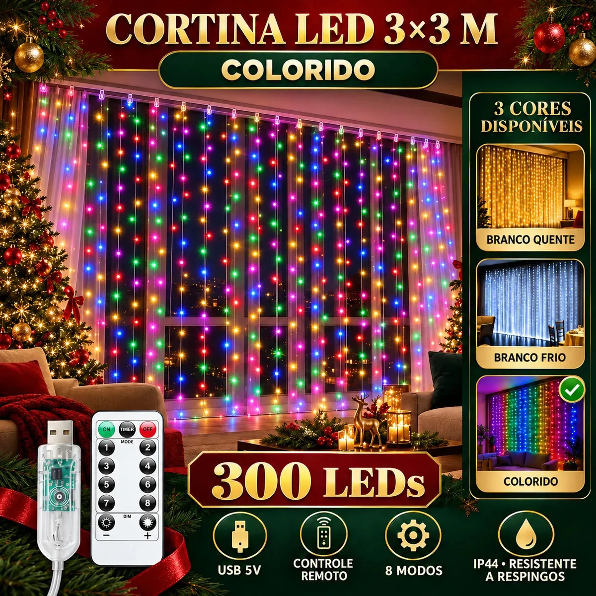 Cortina LuvinCo de Natal — 300 LEDs, 3 x 3 m e colorida
