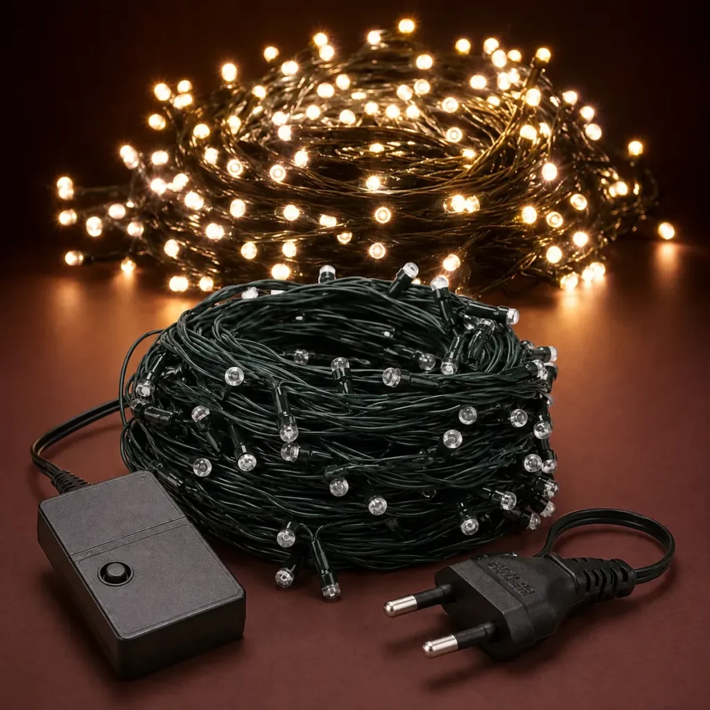 Cordão V8 de Natal — 200 LEDs, 20 m e branco quente 220 V